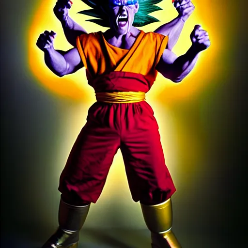 Image similar to uhd photorealisitc candid photo of cosmic freakazoid as a super saiyan. hyperdetailed, accurate, studio lighting. correct face. photo by annie leibowitz and steve mccurry