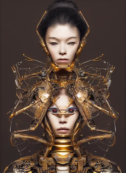 Image similar to portrait of a futuristic geisha cyborg, kintsugi, modern fine art, fractal, intricate, elegant, highly detailed, digital photography, subsurface scattering, by jheronimus bosch and greg rutkowski,