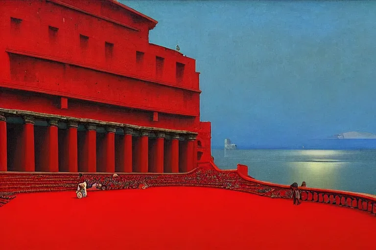 Image similar to only with red, a red great emperor, taormina amphitheatre, crowd with big smile, in the style of beksinski, parts by edward hopper, parts by rodcenko, parts by yue minjun, intricate and epic composition, red by caravaggio, insanely quality, highly detailed, masterpiece, red light, artstation, 4 k