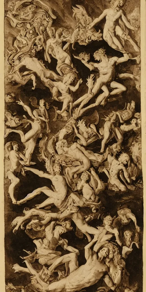 Image similar to a horror vacui depicting birth death God and the devil,