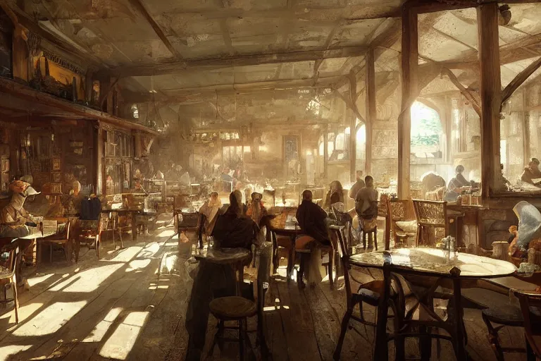 Prompt: A national geographic photo of the interior of an old inn restaurant filled with people by greg rutkowski, Trending on artstation