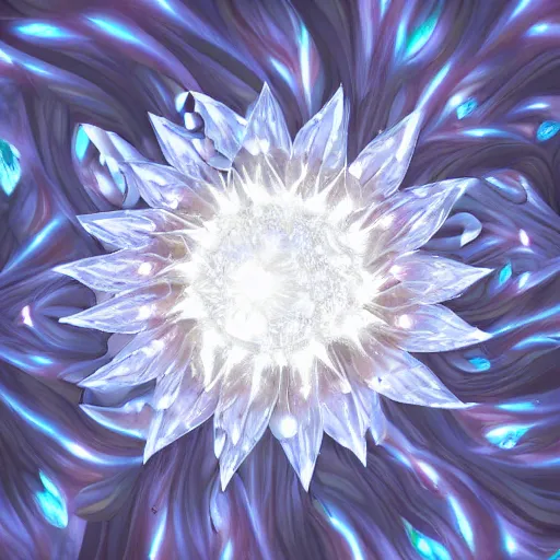 Prompt: a fractalizing crystalline sunflower, bioluminescent opal, magnificent lighting, ethereal, ray tracing