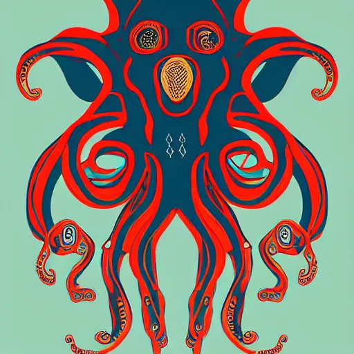 Image similar to cyborg octopus symmetrical colour acrylic painting, coloured, digital art, minimal geometric, vector art