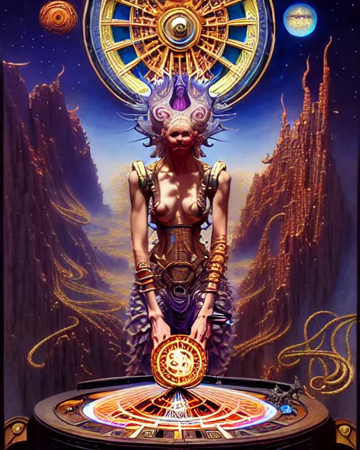 Prompt: the wheel of fortune tarot card, fantasy character portrait made of fractals, ultra realistic, wide angle, intricate details, the fifth element artifacts, highly detailed by peter mohrbacher, hajime sorayama, wayne barlowe, boris vallejo, aaron horkey, gaston bussiere, craig mullins