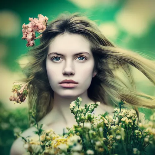 Image similar to photorealistic digital portrait of cute girl model, hair of flowers, 5 0 mm still image by annie leibovitz