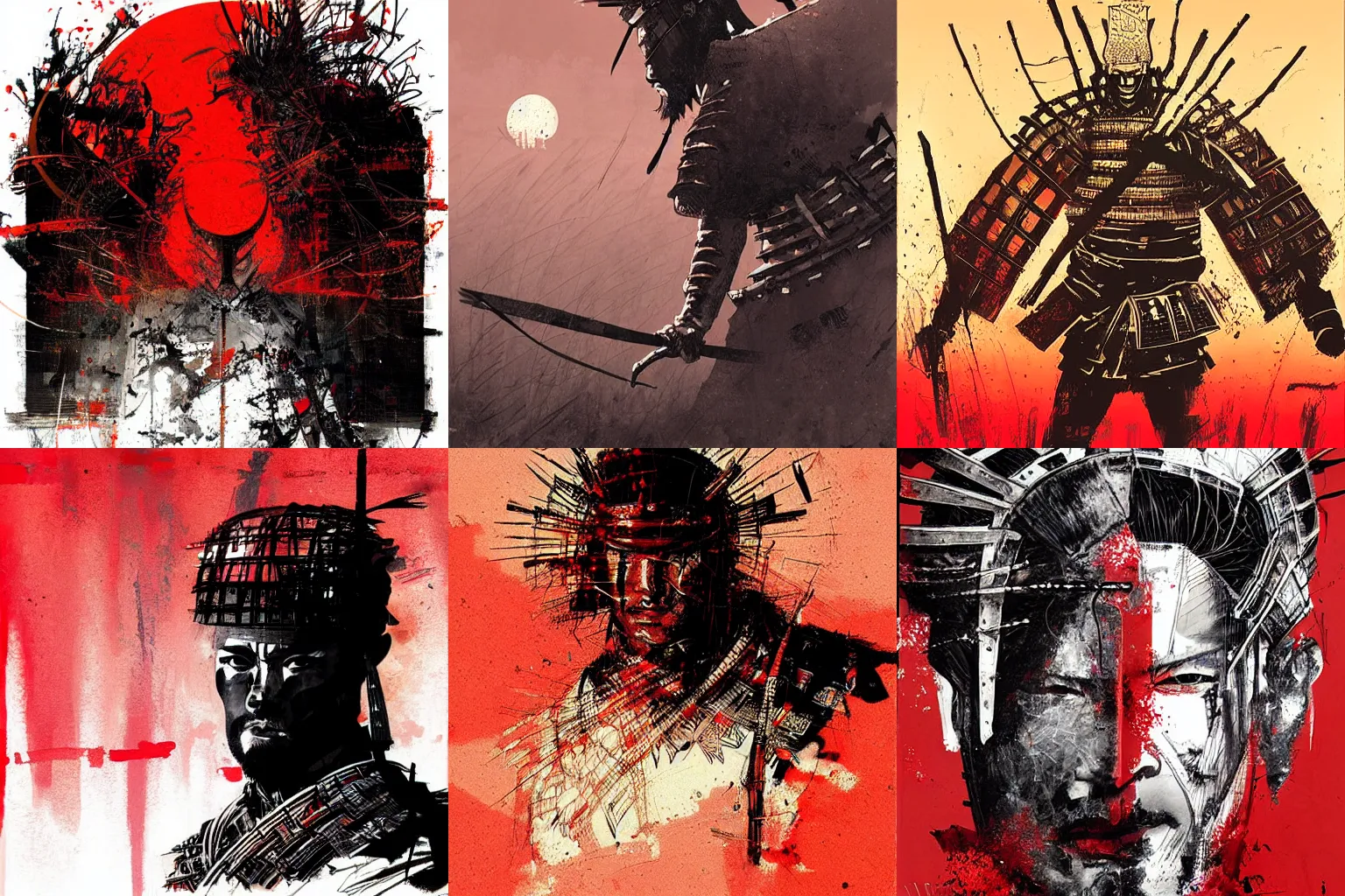 Prompt: artwork by SPARTH and Russ Mills showing a samurai in front of a red sun