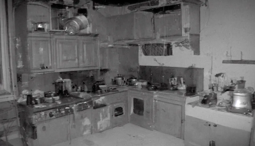 Image similar to a boa in a stalinist style kitchen, by mini dv camera, very very low quality, heavy grain, very blurry, accidental flash, webcam footage, found footage, security cam, caught on trail cam