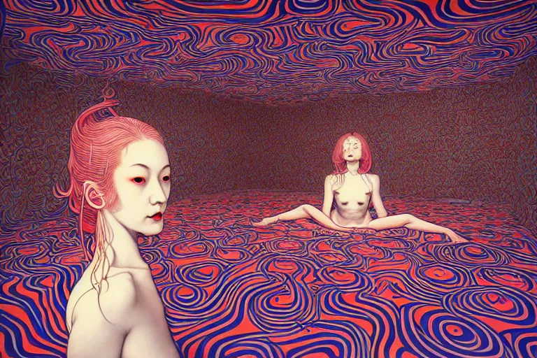 Image similar to realistic detailed image of women floating in a padded room, conjuring psychedelic background, part by takato yamamoto, part by alex gray, ross tran, james jean, ultra realistic, octane render, highly detailed, 8 k, trending on artstation, cosmic, symmetry, masterpiece