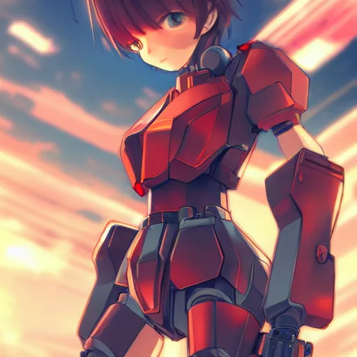 Image similar to digital anime art. full body. cute girl red mech arms and mech legs. blue eyes. gold short hair. wlop, rossdraws, sakimimichan