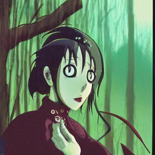 Prompt: a professionally painted anime vhs film cover for a film by yuji ikehata and satoshi kon and tim burton, of a miserable goth vampire bat woman learning how to live in an empty cottage by herself in the middle of the woods, old vintage vhs, scan lines, grainy quality, real anime, fairies