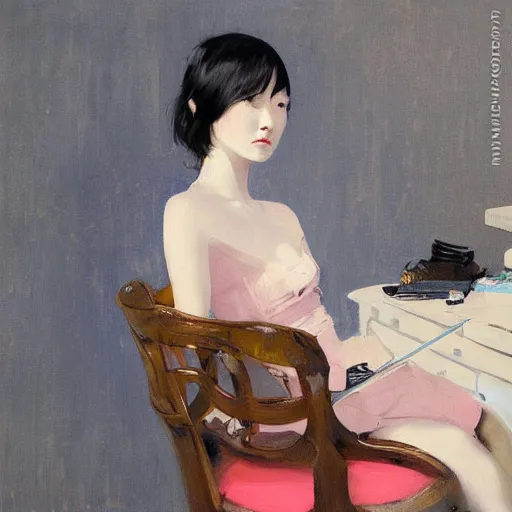 Image similar to oil painting by wlop, conrad roset, coby whitmore, of a youthful japanese beauty sitting on antique chair leaning against a desk, sideview, victorian room