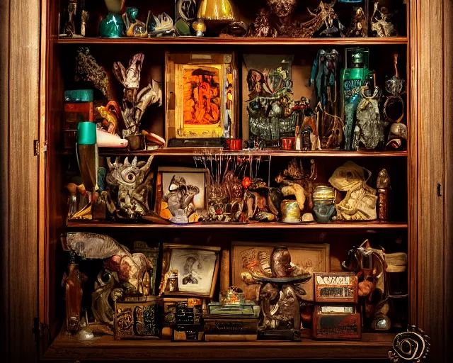 Image similar to a wizards magic cabinet full of oddities and curiosities, esoteric, hd award cinematic photography, studio lighting, 4 k 8 k 1 6 k