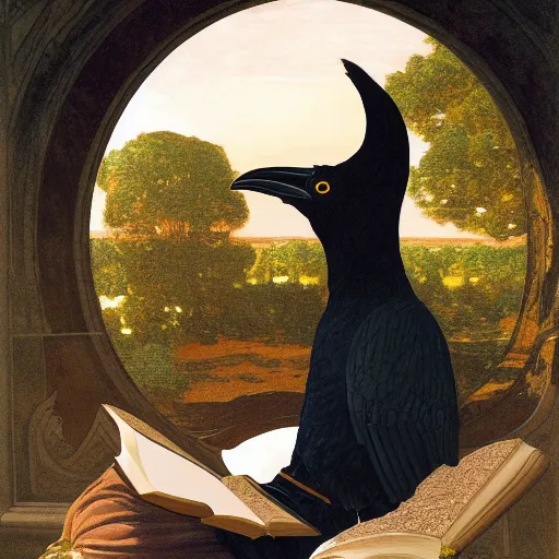 Prompt: beautifully detailed portrait of a detailed raven looking at a book laid out on a golden silk cloth, in a serene beautiful stone arched garden at beautiful sunrise by frederic leighton and by rosetti and sidney cooper, 4 k, artstation