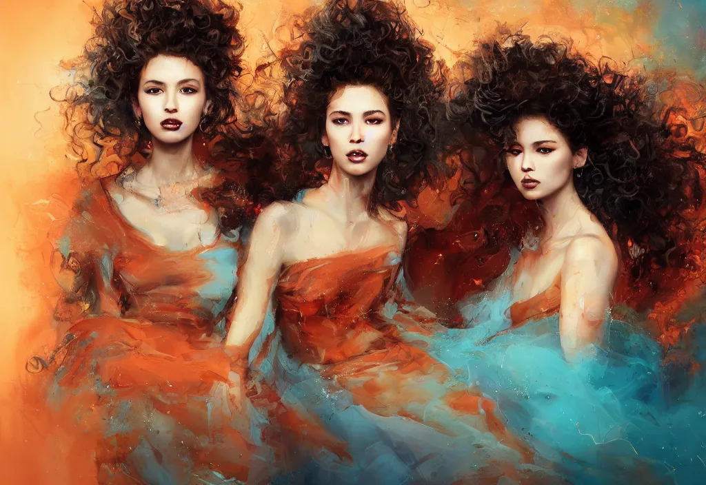 Prompt: full body portrait of a duo of 1 9 years old girl figures, curly messy high bun hairstyle, oriental tattoos, jewelry, subject wearing a high fashion gown, flowing, beautiful, dramatic, cinematic lighting, orange, taupe, fire red, few vivid turquoise highlights, by ross tran and jeremy mann, artstation, pixiv, oil on canvas