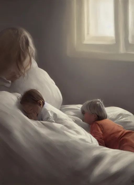 Prompt: an old woman standing watching a child sleeping in bed at night, photorealistic, by wlop, 4 k resolution