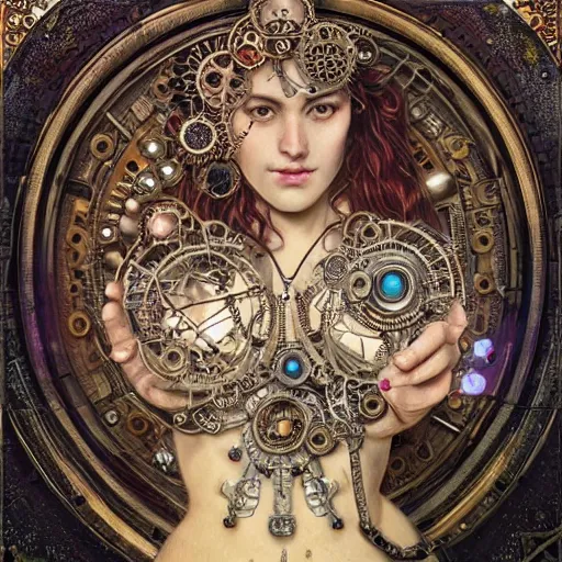 Image similar to A steampunk beautiful goddess, she is wavy, she is embellished with gears wheels and gemstones, by William Holman Hunt, Greg Rutkowski, Stanely Artgerm, Tooth Wu, Peter Gric, Aaron Horkey, trending on Artstation, digital art, mythological, symmetrical artwork, cinematic lighting, hyper realism, high detail, octane render, ultra realistic, golden ratio, 4k, 8k