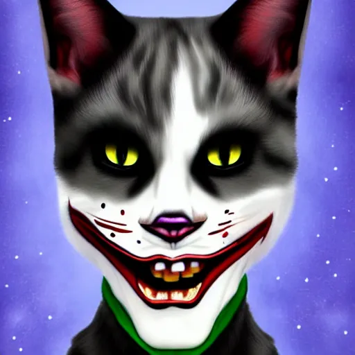 Prompt: a cat joker ~ photorealistic ~ digital art ~ cool ~