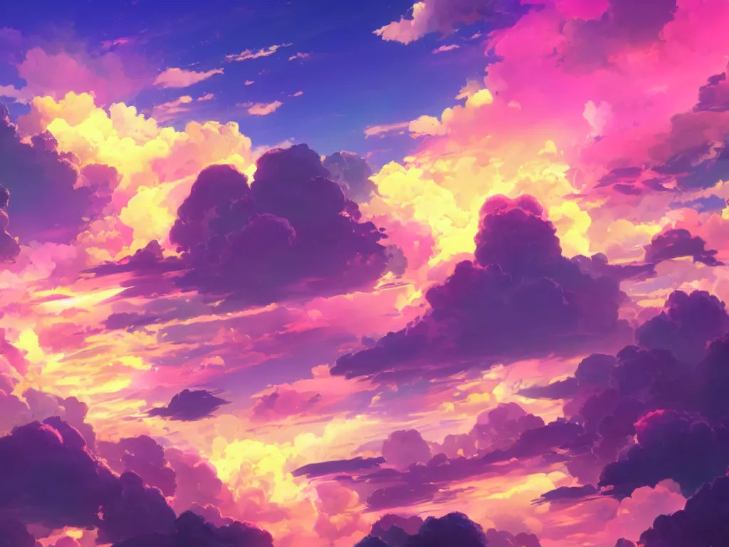 Prompt: pink and yellow anime sky clouds, fantasy, artwork, aesthetic, calming, very beautiful scenery, hd, hdr, ue5, ue6, unreal engine 5, cinematic, 4k wallpaper, 8k ultra,