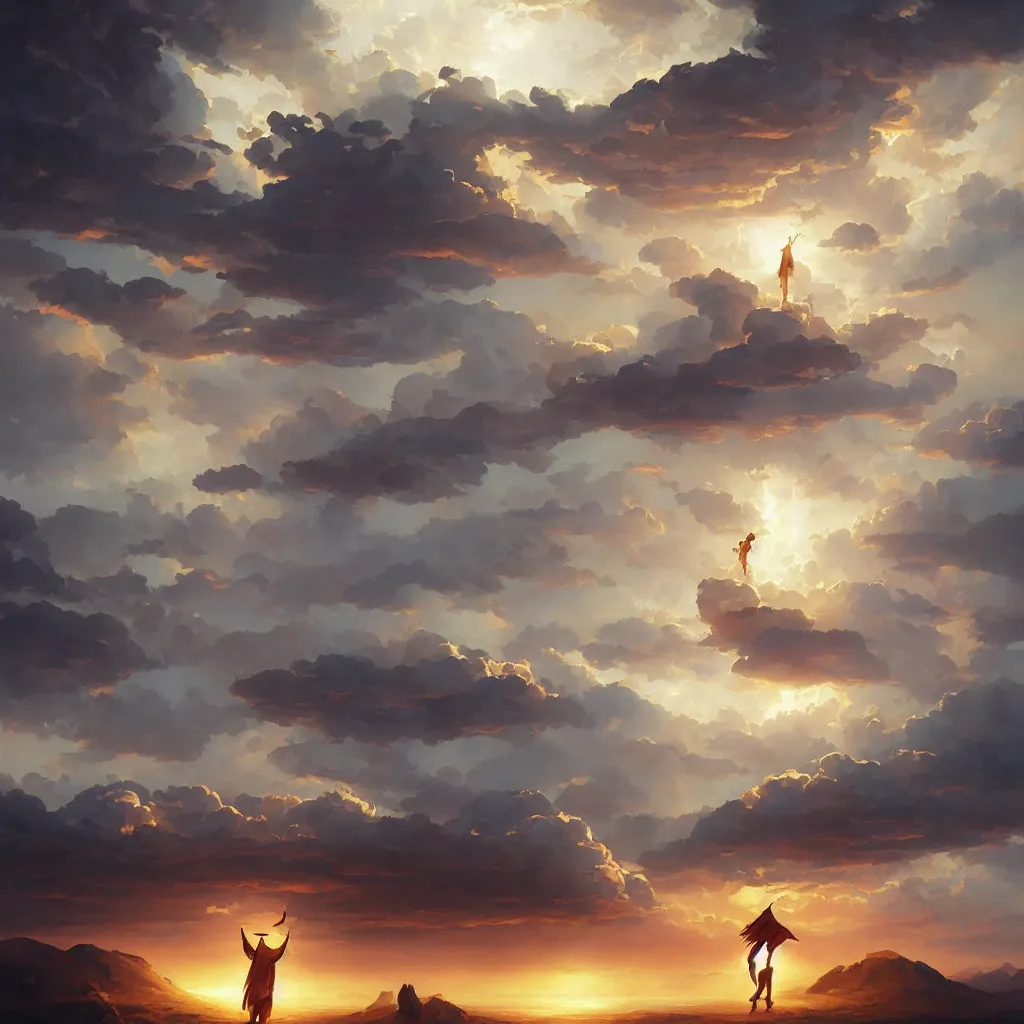 Image similar to a sending down [ of the revelation ] from him who created the earth and the lofty heavens, overdetailed art, by greg rutkowski, by rhads, sharp focus, man standing