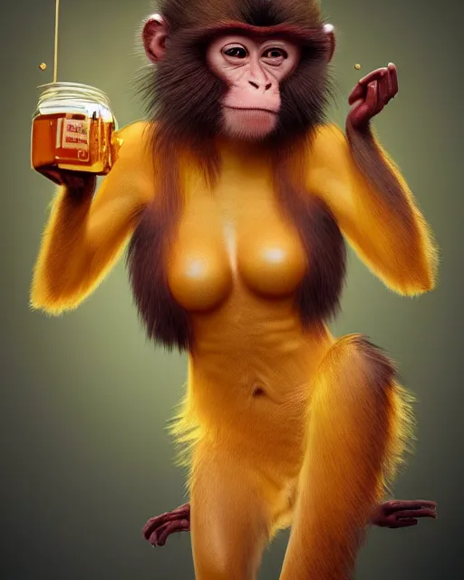 Prompt: beautiful monkey as honey, made of honey, wearing honey - themed miniskirt, award winning creature portrait photography, extremely detailed, artstation, 8 k, sensual lighting, incredible art, wlop, artgerm, backlit, rim lighting, hi - fructose