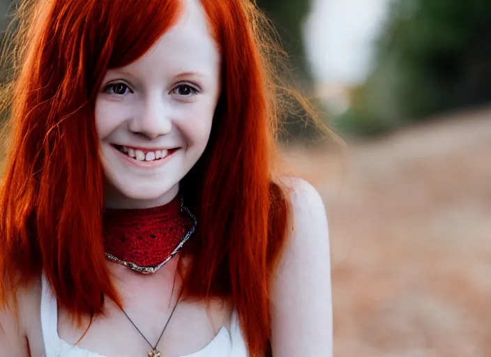 Image similar to portrait of a red haired girl with a choker necklace, and a beautiful smile