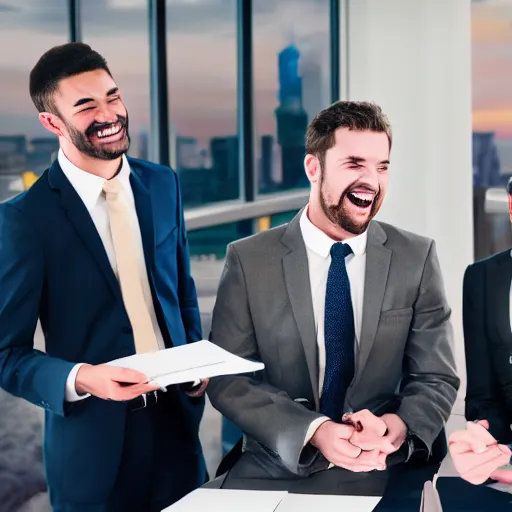 Image similar to stock photo of three people laughing wearing suits and ties in an office building, 8k resolution, full HD, cinematic lighting, award winning, anatomically correct