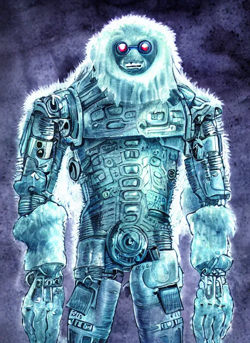 Prompt: cybernetic yeti, illustration, high detail, clean sketch, watercolor