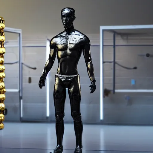 Image similar to a realistic detailed photo of a guy who is an attractive humanoid who is half robot and half humanoid, who is a male android, attractive and handsome soccer players, shiny skin, posing like a statue, blank stare, in a factory, on display, showing off his muscles, gold soccer shorts, side view, looking at each other mindlessly