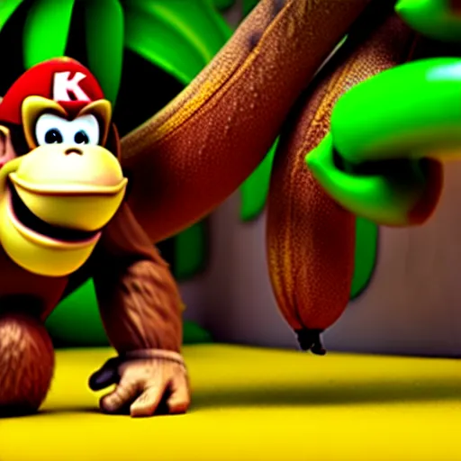 Image similar to Donkey Kong slipping on a banana, 3D render