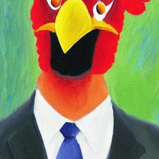 Prompt: a high quality photo of a chicken wearing a suit impressionism, 8 k