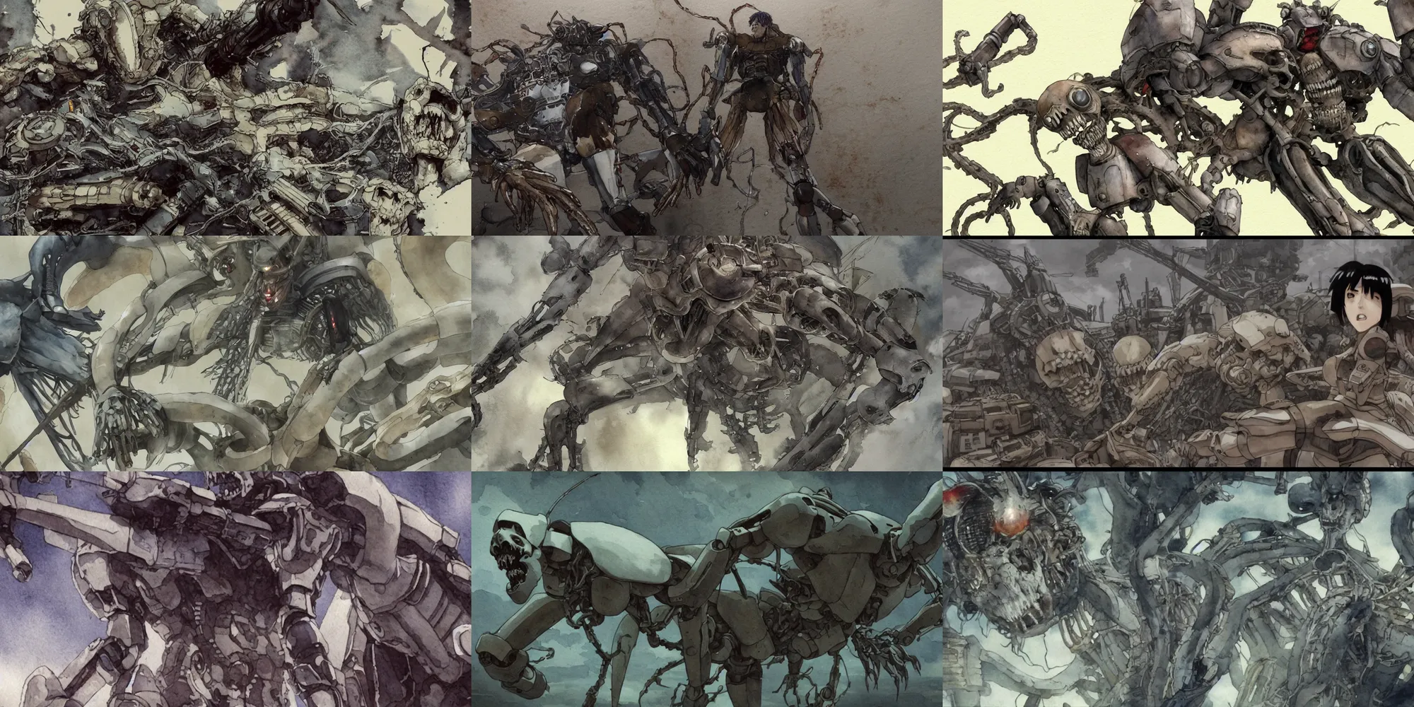 Prompt: incredible screenshot, simple watercolor, masamune shirow ghost in the shell movie scene close up broken Kusanagi tank battle, snake skeleton, hydra, giant face made of stone, ghost, teeth, mouth, laser, brain, shell, fight, potato skin, brown mud, dust, titanic tank with legs, robot arm, ripped to shreds, wide eyes shocked expression, overhead wires, telephone pole, sparks, lightning, electricity, light rain, shinjuku, cherry blossom, hd, 4k, remaster, dynamic camera angle, deep 3 point perspective, fish eye, dynamic scene