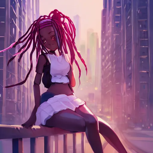 Prompt: A very cute and innocent black anime girl with long braids, full body, symmetric face, long legs, narrow waist, pink eyes, full lips, big smile, sexy, miniskirt, sitting on a bridge above the city, higly detailed, trending on artstation, unreal engine, James Jean, Andrei Riabovitchev, Marc Simonetti