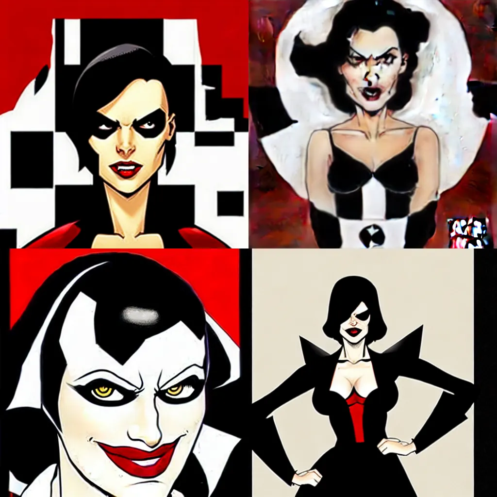 Prompt: in the style of Rafael Albuquerque:: very Pale white skin, Domino marvel comics:: no black on right eye, asymmetrical black spot over left eye:: wearing a red dress, smile