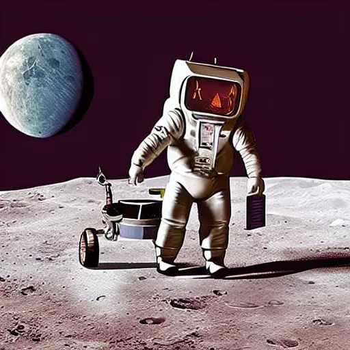 Image similar to photorealistic Hank hill from “King of the Hill” wearing a full suit of medieval armor, riding a lawnmower on the moon, National Geographic photo