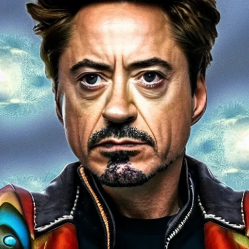 Prompt: robert downey jr with his head in a fish bowl, cinematic still