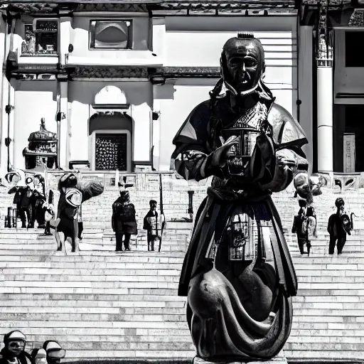 Prompt: A_black_and_white_marble_sculpture_of_The_japanese_shogun_warrior_in_the_middle_of_an_Italian_piazza_midday_4k_photograph_sunny_day_long_shot_-W_1024