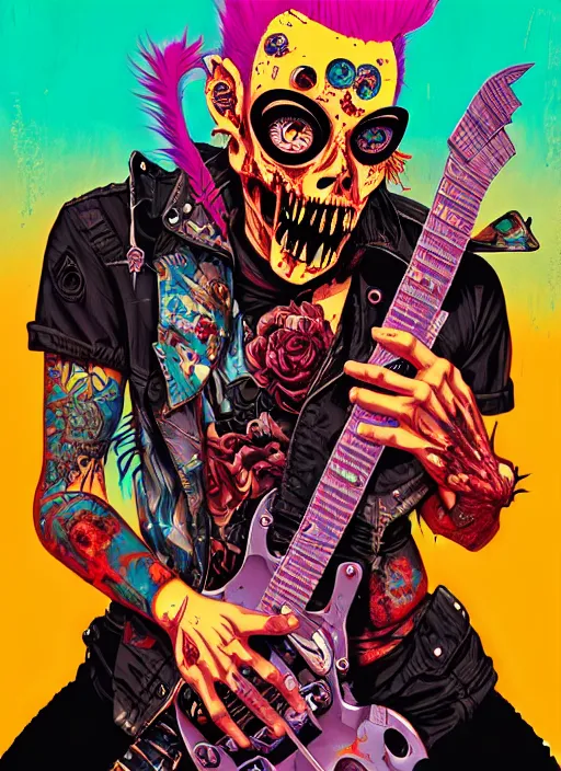 Image similar to a zombie punk rocker with a mohawk playing electric guitar, tristan eaton, victo ngai, artgerm, rhads, ross draws, rule of thirds by francis tneh