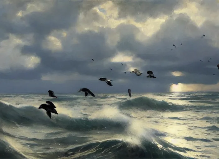 Image similar to oil painting of medieval seabirds roaming the ocean in dawn by anders zorn, wonderful art by greg rutkowski, incredible lighting, shadows, beautiful cinematic light, american romanticism by greg manchess, tall rocky mountains and storm clouds, sun rays, sunshine, bright sunny summer day, tall backlit waves, wild water, reflections