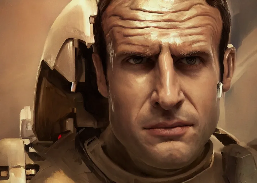 Image similar to painting portrait of Emmanuel Macron dressed as Malgus in Star Wars, sharp focus, waist up, trending on ArtStation, masterpiece, by Greg Rutkowski, by Ross Tran, by Fenghua Zhong, octane, clear eyes, soft render, clear facial features, oil on canvas, moody lighting, cinematic, professional environment concept art