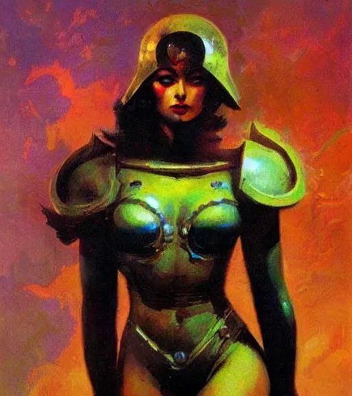 Image similar to portrait of strong iranian female chaos angel, beautiful! coherent! by frank frazetta, by brom, strong line, vivid neon color, shining metal power armor, iron helm, high contrast, maximalist