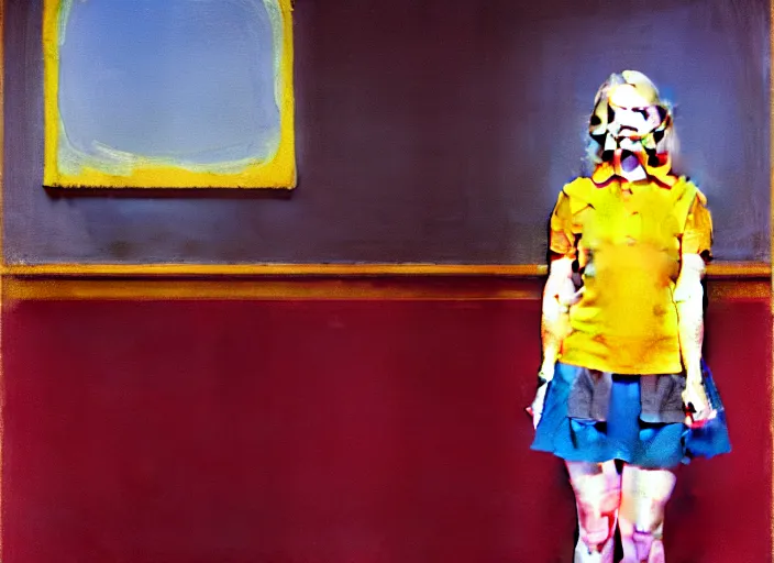 Image similar to oil painting of an annasophia robb in a learning uniform wearing stockings, teaching a lesson in a void room full of existential horror painted by Bryan Lee O'Malley and Edward Hopper, John Singer Sargant, inspired by paintings of Francis Bacon and melting color palette of Mark Rothko, Cy Twombly gestural strokes