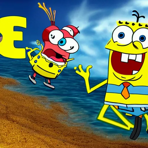 Image similar to SpongeBob comes flying out of the ocean as a result of the demolition derby, once again briefly seen in his live-action sponge form, Realistic, HDR, HDD, Unreal Engine 5, Real Event