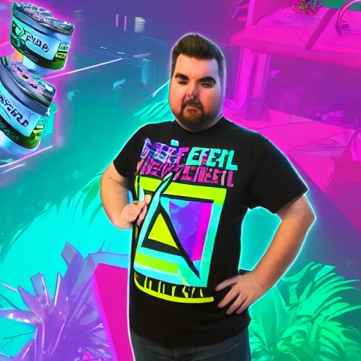 Image similar to Jeff Gerstmann enjoying a Zoe Energy drink in the Vaporwave zone, detailed, colorful