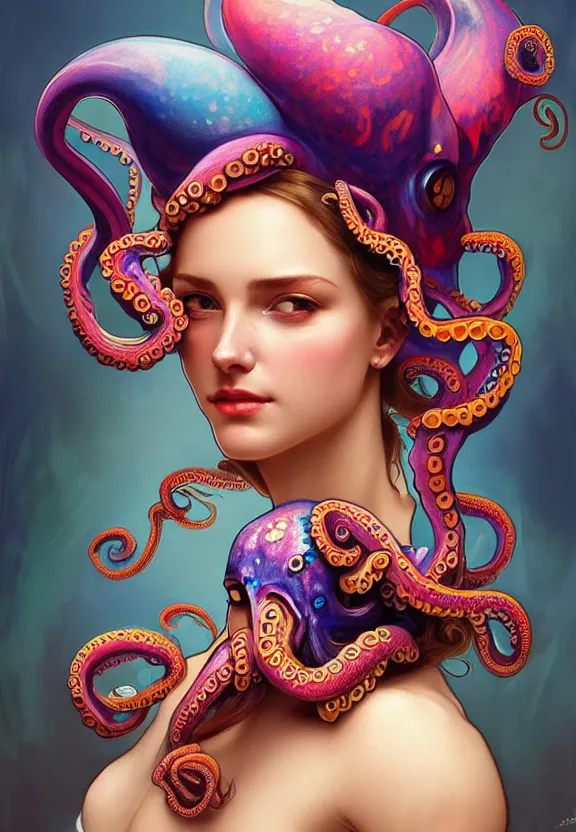Image similar to portrait of a beautiful woman wearing a colourful octopus as a hat, fantasy, intricate, elegant, highly detailed, digital painting, artstation, concept art, smooth, 8 k, sharp focus, illustration, art by artgerm and greg rutkowski and alphonse mucha