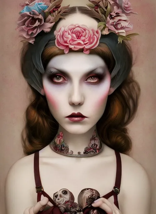 Image similar to pop surrealism, lowbrow art, realistic seductive woman painting, body harness, hyper realism, muted colours, rococo, natalie shau, loreta lux, tom bagshaw, mark ryden, trevor brown style,