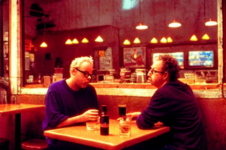 Prompt: old israeli cafe, todd solondz drinking alone, vaporwave colors, state of melancholy, romantic, dimmed lights, realistic
