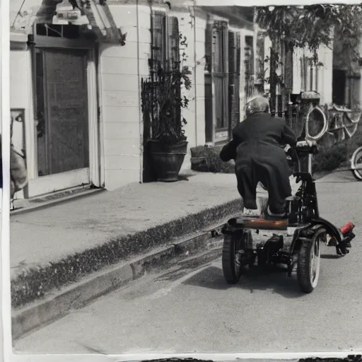 Prompt: photograph of an eldery gentleman towing an artillery cannon with a mobility scooter on a street