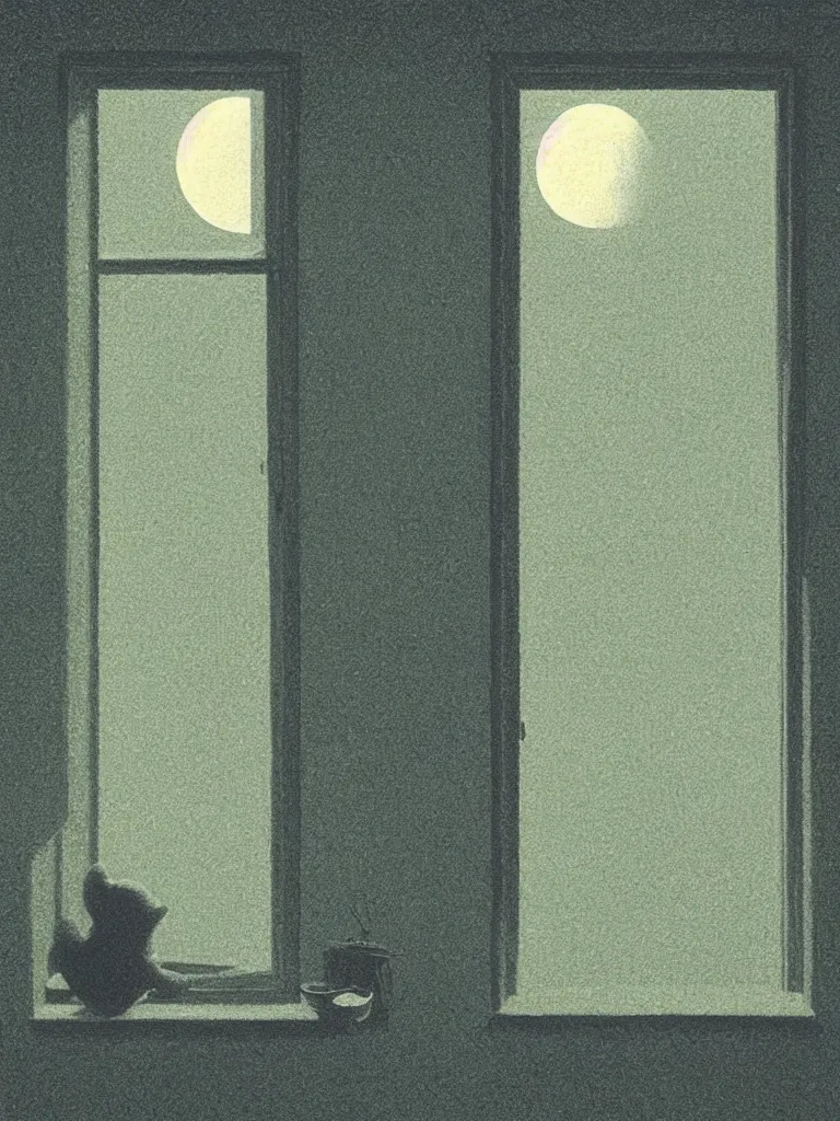 Prompt: the moon outside the window, the grass, the door, artwork by quint buchholz, music, moon, night, quiet.