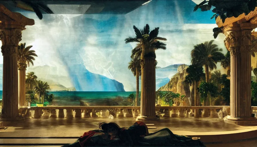 Image similar to From Inside the giant Palace, mediterranean balustrade and columns line, refracted sparkles, thunderstorm, greek pool, beach and Tropical vegetation on the background major arcana sky and occult symbols, by paul delaroche, hyperrealistic 4k uhd, award-winning, very detailed paradise