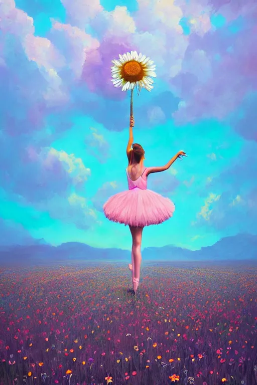 Image similar to giant daisy flower as head, girl ballet dancing in a flower field, surreal photography, sunrise, dramatic light, impressionist painting, colorful clouds, digital painting, artstation, simon stalenhag